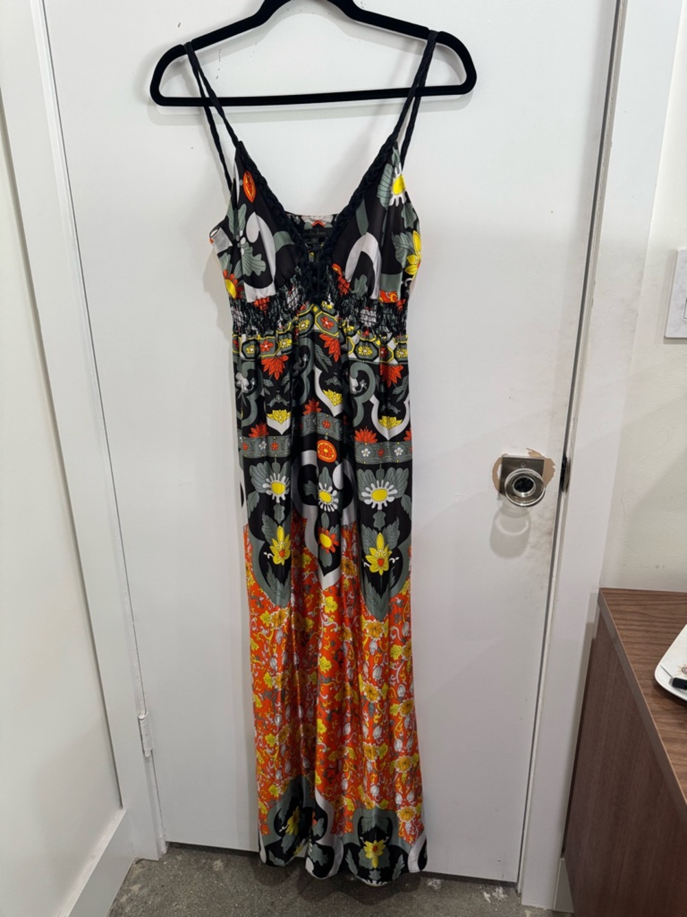 Single Dress Floral Print Maxi with Black, Green and Orange Accents